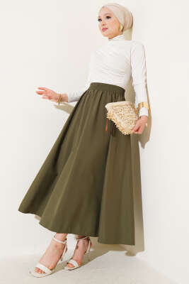 Kloş Beli Lastikli Cepli Etek Haki - Uzun Etek