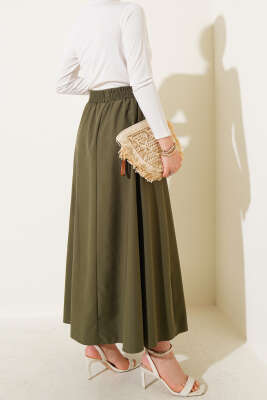 Kloş Beli Lastikli Cepli Etek Haki - Uzun Etek