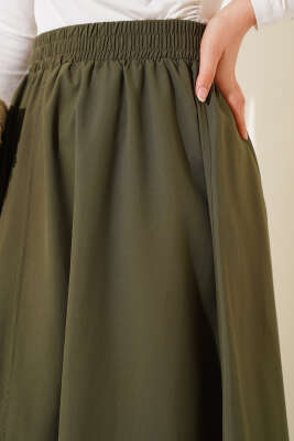 Kloş Beli Lastikli Cepli Etek Haki - Uzun Etek