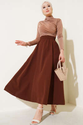 Kloş Beli Lastikli Cepli Etek Kahve - Uzun Etek