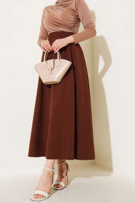 Kloş Beli Lastikli Cepli Etek Kahve 