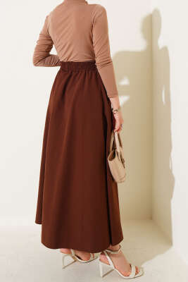 Kloş Beli Lastikli Cepli Etek Kahve - Uzun Etek