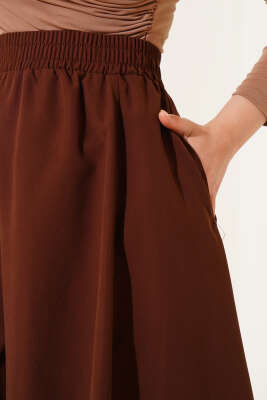 Kloş Beli Lastikli Cepli Etek Kahve - Uzun Etek