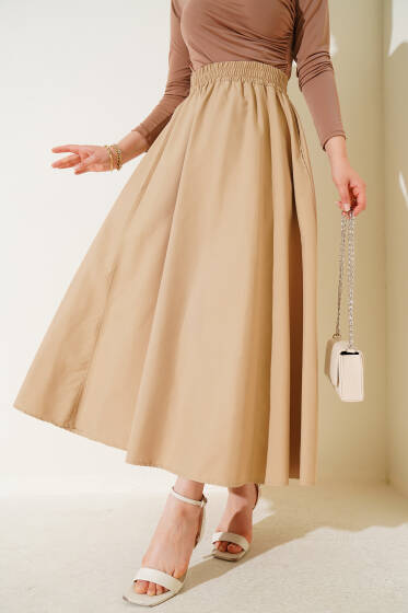 Kloş Beli Lastikli Cepli Etek Latte - Etek