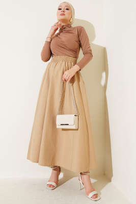 Kloş Beli Lastikli Cepli Etek Latte - Uzun Etek