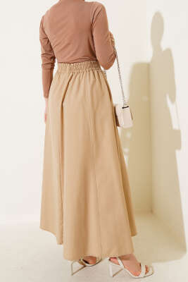 Kloş Beli Lastikli Cepli Etek Latte - Uzun Etek