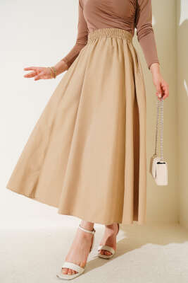 Kloş Beli Lastikli Cepli Etek Latte 