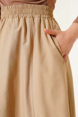 Kloş Beli Lastikli Cepli Etek Latte - Uzun Etek