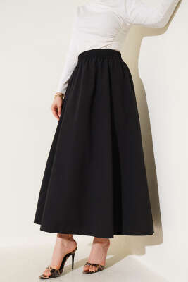 Kloş Beli Lastikli Cepli Etek Siyah - Uzun Etek