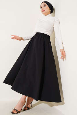 Kloş Beli Lastikli Cepli Etek Siyah - Uzun Etek