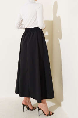 Kloş Beli Lastikli Cepli Etek Siyah - Uzun Etek