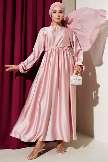 Kloş Beli Lastikli Elbise Abiye Gül Kurusu - Elbise