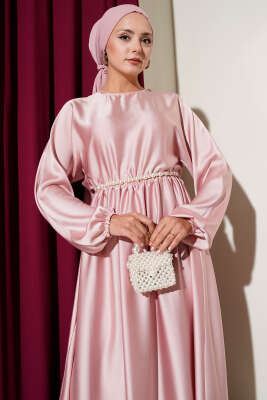 Kloş Beli Lastikli Elbise Abiye Gül Kurusu - Tesettür Elbise