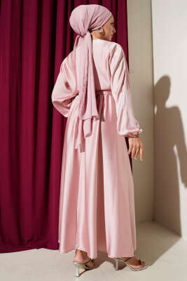 Kloş Beli Lastikli Elbise Abiye Gül Kurusu - Tesettür Elbise