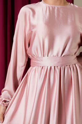 Kloş Beli Lastikli Elbise Abiye Gül Kurusu - Tesettür Elbise