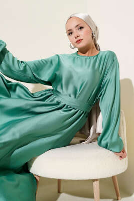 Kloş Beli Lastikli Elbise Abiye Mint - Tesettür Elbise
