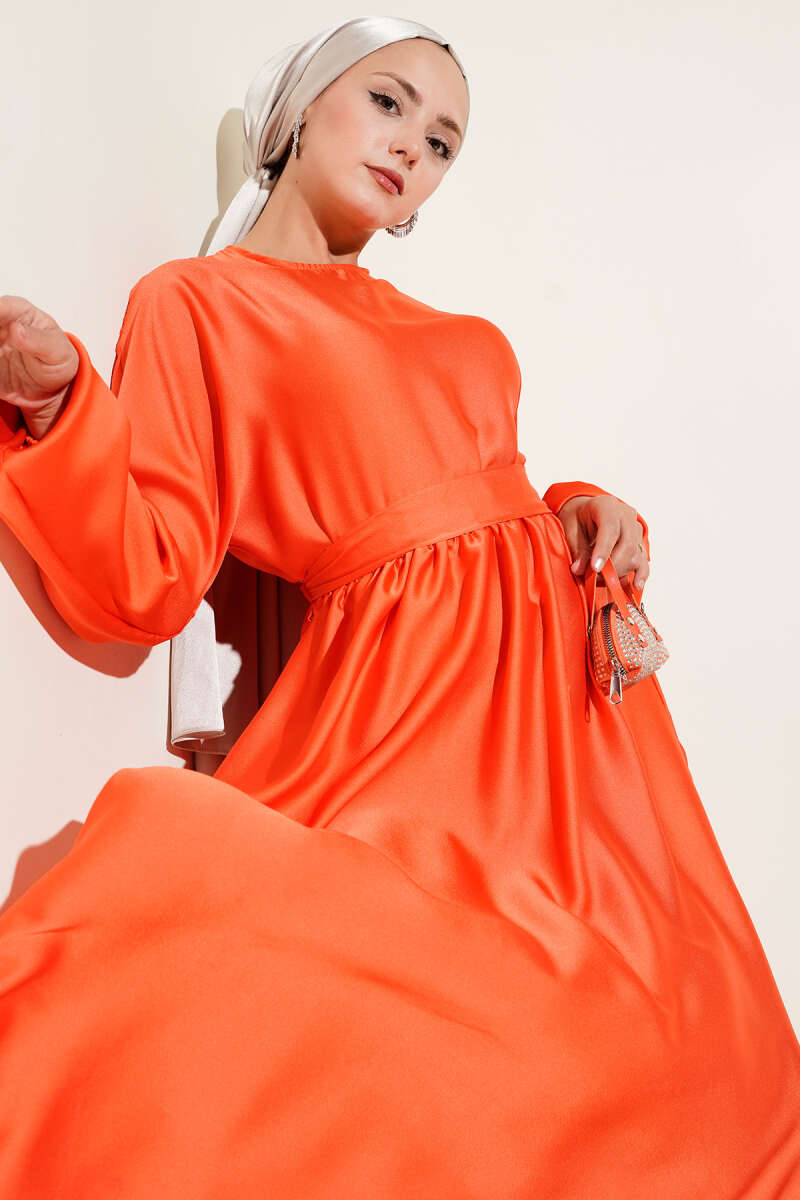 Kloş Beli Lastikli Elbise Abiye Oranj