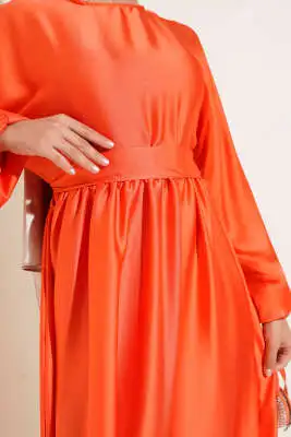 Kloş Beli Lastikli Elbise Abiye Oranj - Elbise