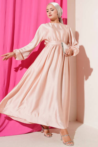 Kloş Beli Lastikli Elbise Abiye Pudra - Elbise