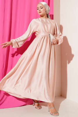 Kloş Beli Lastikli Elbise Abiye Pudra 