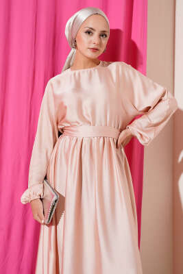 Kloş Beli Lastikli Elbise Abiye Pudra - Tesettür Elbise