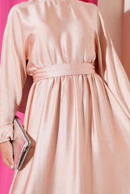 Kloş Beli Lastikli Elbise Abiye Pudra - Tesettür Elbise
