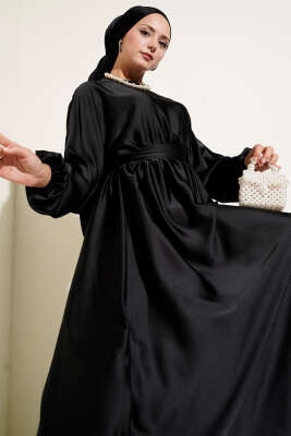 Kloş Beli Lastikli Elbise Abiye Siyah