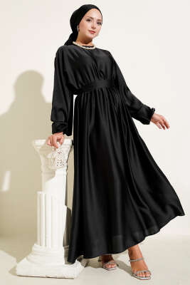 Kloş Beli Lastikli Elbise Abiye Siyah - Tesettür Elbise