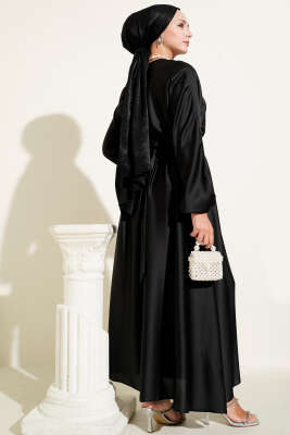 Kloş Beli Lastikli Elbise Abiye Siyah - Tesettür Elbise