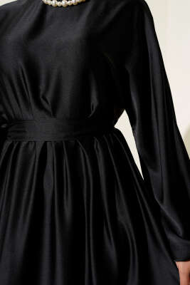 Kloş Beli Lastikli Elbise Abiye Siyah - Tesettür Elbise