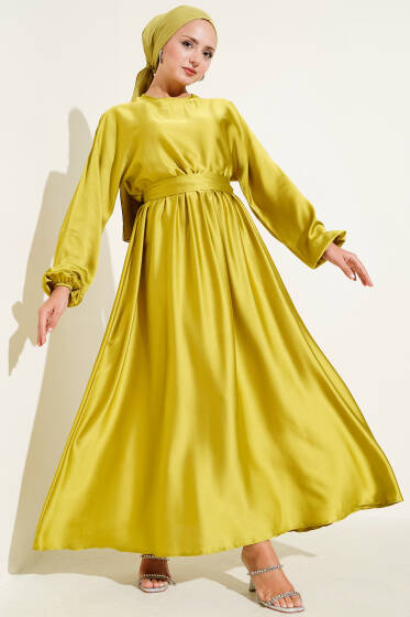 Kloş Beli Lastikli Elbise Abiye Yağ Yeşili - Elbise