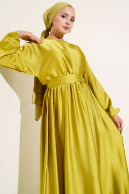 Kloş Beli Lastikli Elbise Abiye Yağ Yeşili - Tesettür Elbise