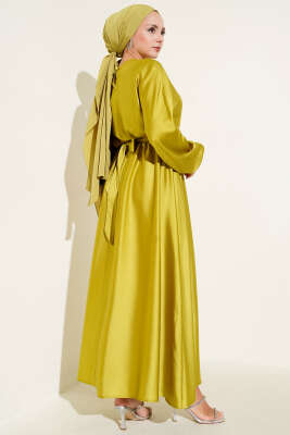 Kloş Beli Lastikli Elbise Abiye Yağ Yeşili - Tesettür Elbise