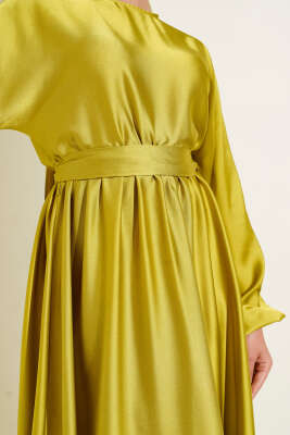 Kloş Beli Lastikli Elbise Abiye Yağ Yeşili - Tesettür Elbise