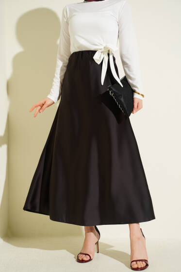 Kloş Beli Lastikli Saten Etek Acı Kahve - Etek