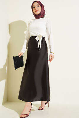 Kloş Beli Lastikli Saten Etek Acı Kahve - Etek