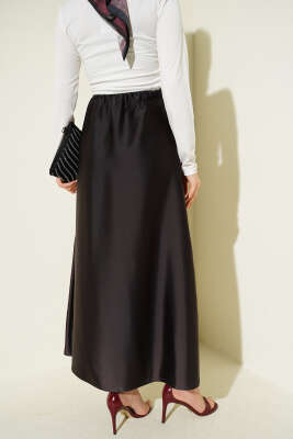 Kloş Beli Lastikli Saten Etek Acı Kahve - Etek