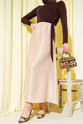 Kloş Beli Lastikli Saten Etek Bej - BERAT TEKSTİL