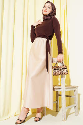 Kloş Beli Lastikli Saten Etek Bej - Etek