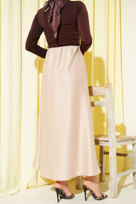 Kloş Beli Lastikli Saten Etek Bej - Etek