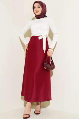 Kloş Beli Lastikli Saten Etek Bordo - Etek