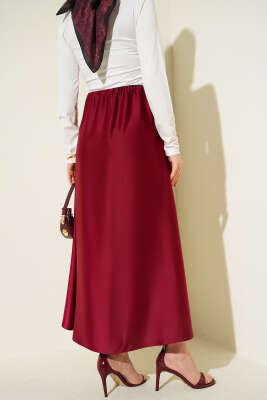Kloş Beli Lastikli Saten Etek Bordo - Etek