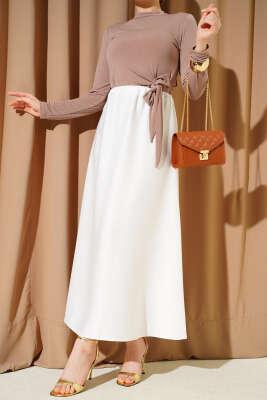 Kloş Beli Lastikli Saten Etek Ekru - BERAT TEKSTİL