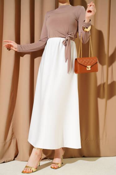 Kloş Beli Lastikli Saten Etek Ekru - Etek