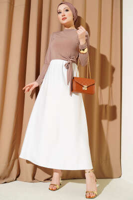 Kloş Beli Lastikli Saten Etek Ekru - Etek