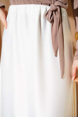Kloş Beli Lastikli Saten Etek Ekru - Etek