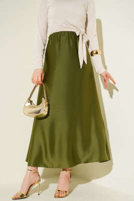 Kloş Beli Lastikli Saten Etek Haki - BERAT TEKSTİL