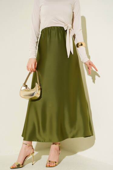 Kloş Beli Lastikli Saten Etek Haki - Etek