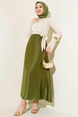 Kloş Beli Lastikli Saten Etek Haki - Etek