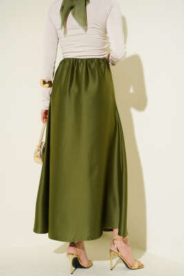 Kloş Beli Lastikli Saten Etek Haki - Etek